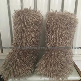 Women Winter Snow Boots Outdoor Faux Wool Boots Luxury Furry Curly Fur Boots Woman Plush Warm Platform Shoes Large Size 46