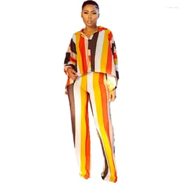 Ethnic Clothing 2 Piece Set Stripe Print Long Sleeve Blouse Tops And Pant Suits Dashiki African Spring Autumn Women Matching Fashion Outfit