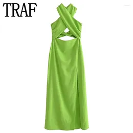 Casual Dresses 2023 Cut Out Halter Dress Woman Green Backless Long Women Summer Sexy Party Holiday Off Shoulder Midi