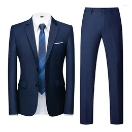 Men's Suits Men Suit Slim Fit Tuxedos 2 Piece Prom For Wedding Groomsmen Button Navy Blue White Business Pant