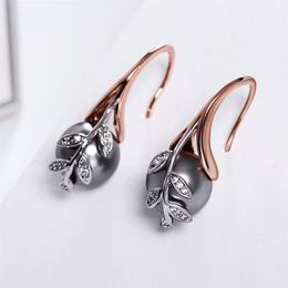 Fashion-Drop rose gold plate pave grey pearl & cubic zircon crystal Whole cheap Jewellery lots Dangling earrings for wom262V