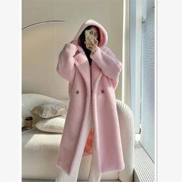 Women's Fur Faux 2023 Winter Thickened Warm Teddy Bear White Hooded Coat Female Mid Length Long Sleeve Outerwear 231201