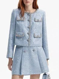 Two Piece Dress Women Blue Suit Tweed Beading Sequin O-neck Single Breasted Coat or Tank Dress or A-line Mini Skirt Lady Three Pieces Set 231201