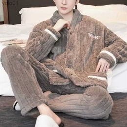 Men's Sleepwear 2024 New Men Winter Warm Flannel Pyjamas Set V-neck Fluffy Coat + Long Pants Sleepwear for Sleeping 2 Pieces Housewear 3XLL231202