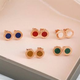 Europe America Style Lady Women Titanium Steel Engraved B Initials Carnelian Malachite Round Stud Earrings 3 Color309Q