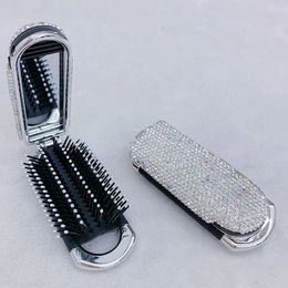 Compact Mirrors Sparkling portable comb with mirror folding rhinestone air cushion comb mirror beauty hair brush diamond pocket travel makeup tool 231202