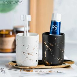 Toothbrush Holders Creative Marbled Gold Plated Mouthwash Cup Couple Toothbrush Holder Bathroom Accessories Ceramic Mouthwash Cup Home Decoration Q231202