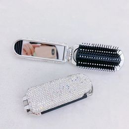 Compact Mirrors Mini Portable Folding Comb Mirror Diamond Air Cushion Shining Water Diamond Cosmetics Travel Pocket Hair Brush Makeup Tools 231202