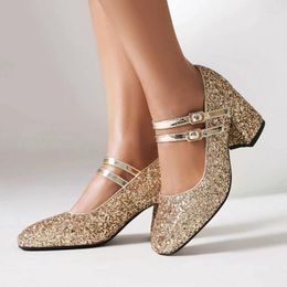 Dress Shoes Luxury Women's High Heels Mary Janes Sequined Gold Silver Heeled Party Bridal Wedding Female Pumps Large Size