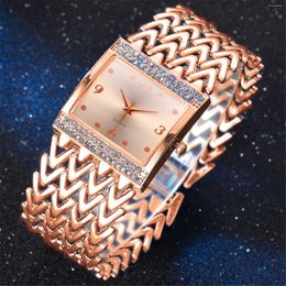 Wristwatches Fashion Wide Strap Diamond Quartz Watch Casual Square Digital Luxury Watches For Women Rose Gold Steel Reloj Para Mujer