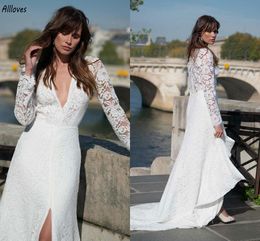 Designer Modern White Lace A Line Wedding Dresses Plunging V Neck With Long Sleeves Bride Gowns Sexy Front Split Boho Garden Beach Buttons Back Robes de Mariee CL2983