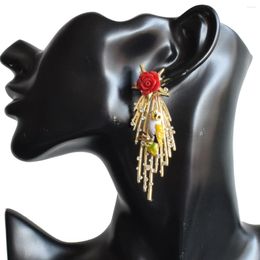 Stud Earrings European And American Gem Long Tassel Fashion Rose Antique Metal Exaggerated Elegant Sweet Ear Jewelry Female