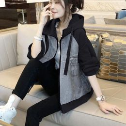 Women's Jackets Fashion Denim Stitching Hoodie Spring Autumn Loose Casual Outwear Vintage Long Sleeves Jeans Jacket Female