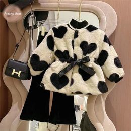 Jackets born Baby Girl Princess Love Strap Fur Jacket Long Sleeve Infant Toddler Thick Coat Warm Outwear Winter Clothes 2Y 7Y 231202