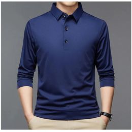 Men's Polos Streetwear Fashion Men Solid Polo Shirts Spring Autumn T-Shirt Korean Long Sleeve Lapel Thin Male Clothes Business Tops 231202
