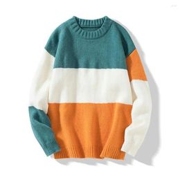 Men's Sweaters Autumn Winter Men Sweater Knitted Colorblock Loose Round Neck Long Sleeve Thick Elastic Pullover Warm Mid Length Unisex