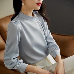 Women's Blouses Korea Fashion Office Ladies Elegant Chiffon Shirts Women Blouse Casual Beaded Party Tops Female Stand Collar Long Sleeve
