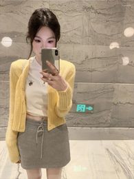 Work Dresses 2023 Autumn Korean Short Knitted Cardigan White T-shirt Grey Half-body Skirt Three-piece Set