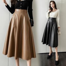 Skirts Vintage Pu Midi Skirt Women Fall Winter High Waist A-line Long Female Korean Fashion Faux Leather Black Faldas Mujer