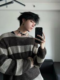 Men's Sweaters Men Sweater Autumn Knitwear Stripes Hollow Lazy Design Style Loose Fashion Base Shirt Winter Top Clothes