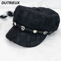 Berets Mine Series Octagonal Cap Fashion Painter Hat Japanese Rhinestone Lace Sweet Cool Black Hats for Women Winter 231201