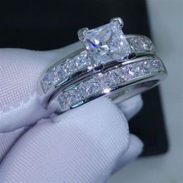 Luxury Size 5 6 7 8 9 10 Jewellery 10kt white gold filled Topaz Princess cut simulated Diamond Wedding Ring set gift with box2996