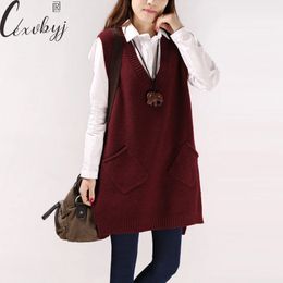 Women's Vest Sweater Spring Autumn Loose VNeck Tops Vintage Pocket Casual Knitwear Pullover Waistcoat Long Sleeveless 231201