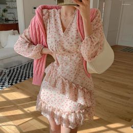 Casual Dresses Korean Style French Romantic Cross Collar Full Screen Floral Patchwork Ruffled Long Sleeve Chiffon Dress