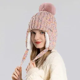 Berets Fashion Women Skullies Beanies With Earmuffs Colour Blocking Sherpa Ski Snow Hat Thicken Plush Knitted Big Pompon Bomber