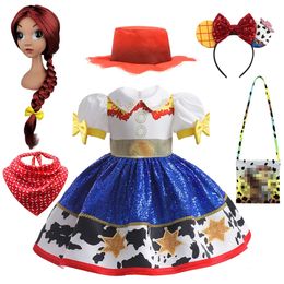 Girl's Dresses Baby Girls Halloween Jessie Dress Up Child Cowboy Woody Cosplay Costume Birthday Party Puff Sleeve Princess Dress Hat Scarf 231202