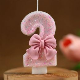 Cake Tools 2th Birthday Candles Number 2 with Pink Glitter Bow Happy Topper Decoration for Party Celebrations 231202