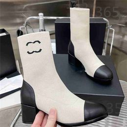 Top Design Winter Boots 2023 Channel Fashion Women Vintage Decorative Leather Cotton Cloth Wool Warm Keeping High Heel Thick Sole Snow Flat Socks Shoes 010-06