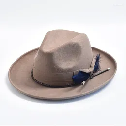 Berets Wool Felt Fedora Hat Handmade Feathers Vintage Men Trilby Jazz Hats Curved Brim Gentleman Party Dress Cap