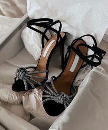 2024 Summer Luxury Women Celeste Sandals Shoes Aquazzuras Heel Crystal-embellished Toe Straps Knotted Lady High Heels Shoe EU35-43 Original Box