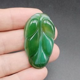 Certified Green Natural A Agate Chalcedony Fine Hand Carved Leaf Lucky Pendant