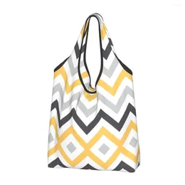 Shopping Bags Black Yellow And Grey Zigzag Reusable Grocery Foldable 50LB Weight Capacity Eco Bag Eco-Friendly Durable