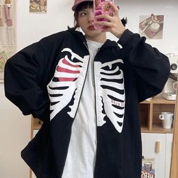 Women's Jackets Zip-up Y2k Harajuku Korean Style Loose Black Skull Print Coats Goth Grunge Long Sleeve Oversized Hoodies Jacket Student