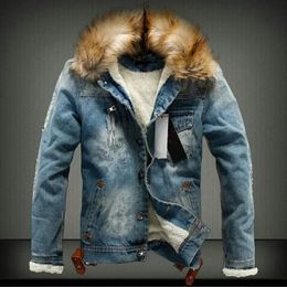 Men's Wool Blends Winter Mens Denim Jacket with Fur Collar Retro Ripped Fleece Jeans and Coat for Autumn S6XL 231202