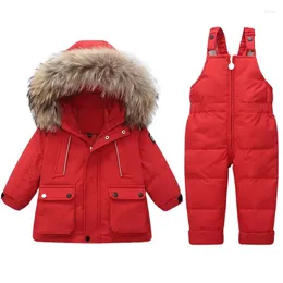 Down Coat 2023 Children Girl Winter 2PCS Clothes Set Real Fur Collar Hooded Jacket Waterproof Infant Boy Overalls Baby Snowsuit