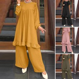 Ethnic Clothing Muslim Abaya Trousers Suits 2 Piece Causal Arabic Solid Long Sleeve Tops Pants Islamic Outfits Fashion Turkey Kaftan