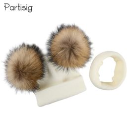 Caps Hats Winter Kids Knit Natural Raccoon Fur Double Pompom Hat For Girls Crochet Real Hair Baby Cap Scarf Children Beanie Bonnet 231202