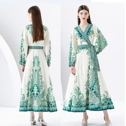 Lantern Sleeve Party Boho Maxi Dress Robe Paisley Floral Woman Designer V-Neck Vintage Side Lace Up Bow Vacation Green Wrap Dresses 2023 Spring Fall Slim Runway Frocks