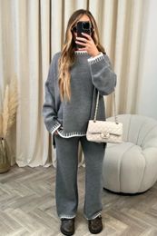 Womens Two Piece Pants Striped Elegant Knitted Family Set Split Sweater Top Elastic High Waist Straight 2piece Autumn and Winter 231202