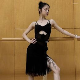 Stage Wear 2023 Latin Dance Dress Women Suspender Tops Black Fringe Skirt Adult Rumba Practise Clothes Cha Tango Costume DNV18590