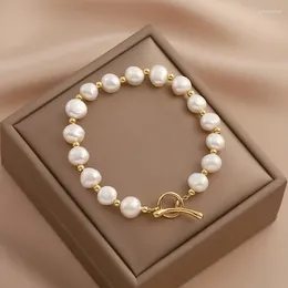 Strand Minar Trendy Baroque Freshwater Pearl Beaded Bracelet For Women 14K Real Gold Plated Copper OT Toggle Clasp Bracelets