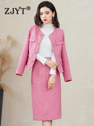 Two Piece Dress ZJYT Pink Beading Tweed Woollen Jacket and Skirt Suit 2 Piece for Women Winter Party Outfit Office Lady Long Sleeve Dress Sets 231202