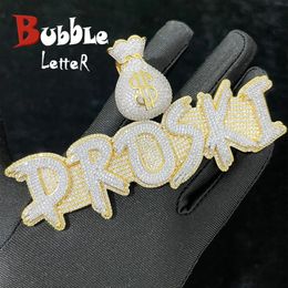 Pendant Necklaces Bubble Letter Jewellery Custom Name Necklace Solid Base Iced Out Personalised Pendants Money Bag Bail Real Gold Plated Hip Hop 231202