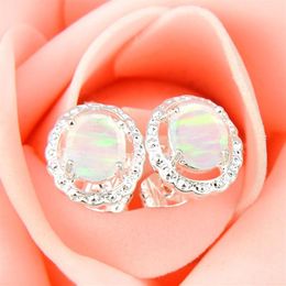 Whole 3 Pairs Lot Mother Gift White Oval Fire Opal Crystal Gemstone 925 Sterling Silver Plated USA Stud Wedding Earrings267p