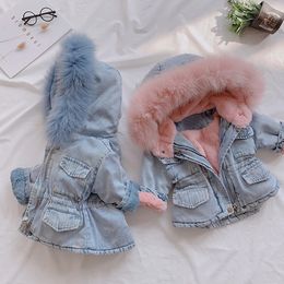 Down Coat Winter Denim Jackets Kids Baby Girl Hooded Fur Fleece Velvet Full Sleeve Warm Thick Coats 1 6years Children Outwear Clothes 231202