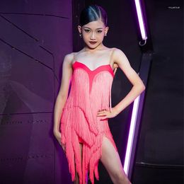 Stage Wear Pink Latin Dance Competition Dress Girls Multi Layers Tassel Kids Cha Rumba Performance Clothes BL11998